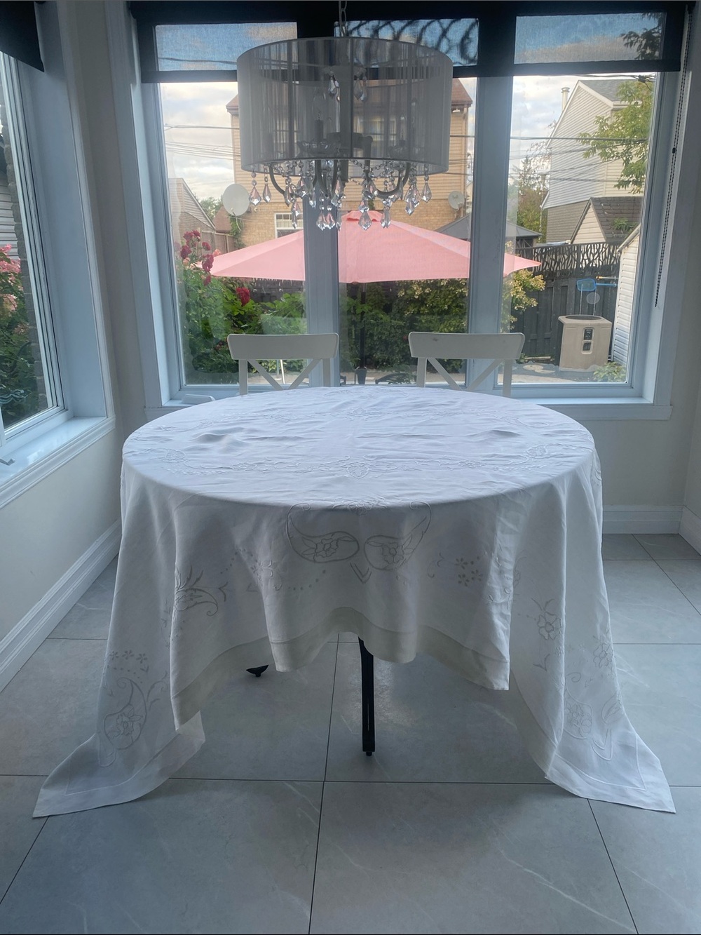 Large embroidered Linen rectangular tablecloth in White L:97” W:63”
